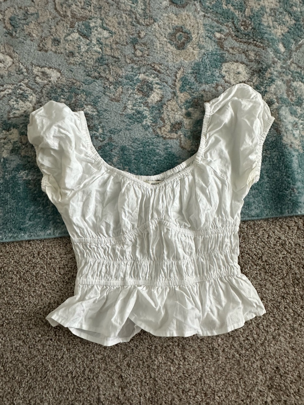 T.J.Maxx White Ruched Peplum Puff Sleeve Top